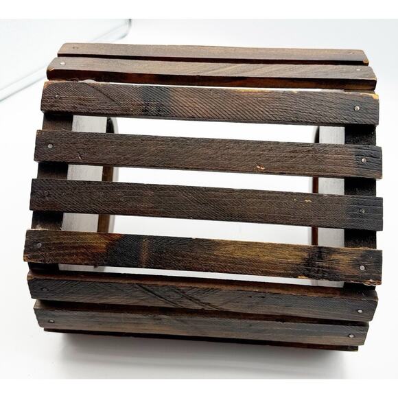 Vintage Wooden Slat Basket w/ Handles Hand Painted Outdoor Farm Scene Dark Wood - Picture 7 of 10